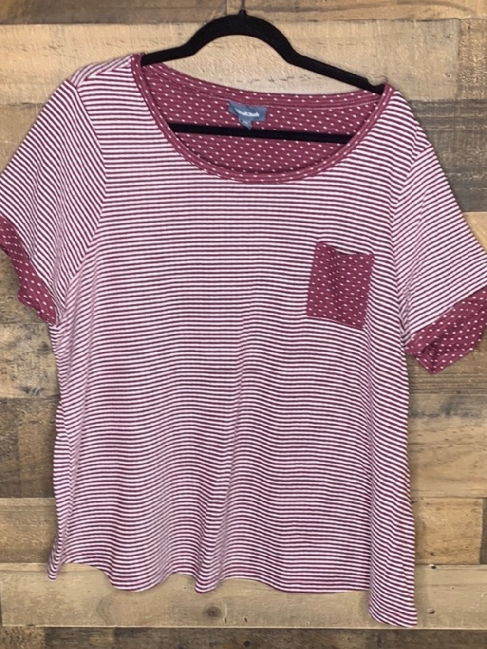 ModCloth Burgundy & White Striped Scoop Neck Tee with Polka Dot Trim